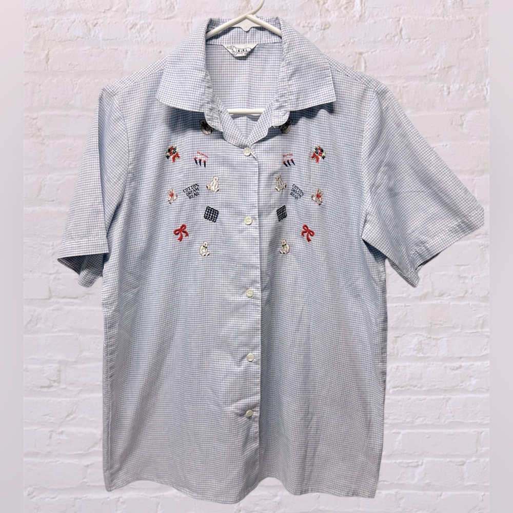Kiki vintage embroidered cotton dream bear plaid blue white button front plaid